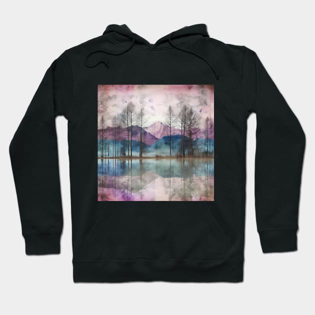 Chalky Distressed Purple Mountain Lake with Trees Hoodie by The Art Mage